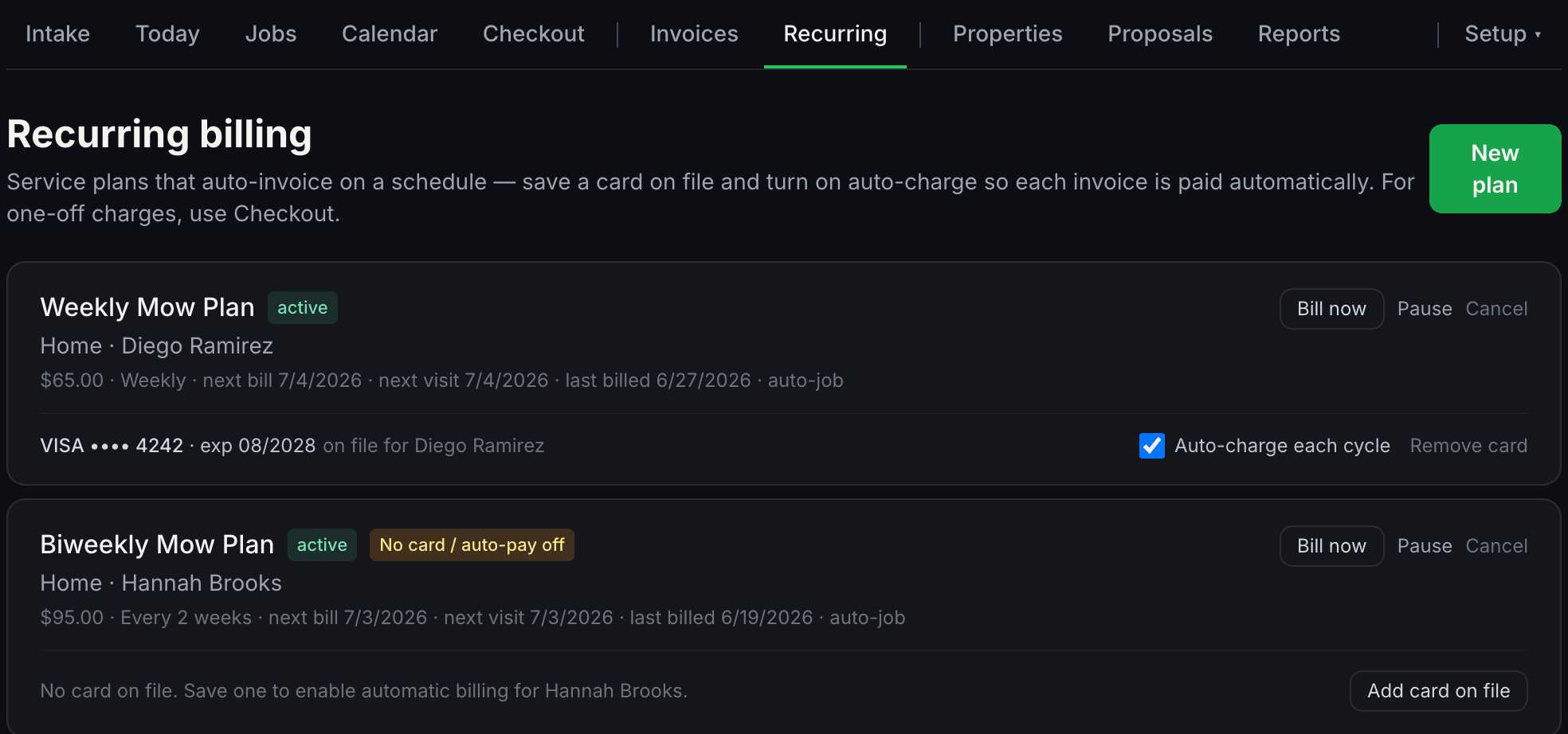 Recurring billing screen in the BuiltFastCo dashboard, with the main navigation across intake, today, jobs, calendar, checkout, invoices, recurring, properties, proposals and reports, and two recurring service plans listing their schedule, next bill date, next visit, and whether a card is on file with auto-charge switched on